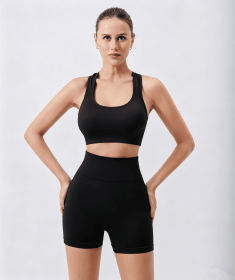 Workout Sets for Women 2 Piece Seamless Ribbed Crop Tank High Waist Shorts Yoga Outfits (Color: Black, size: M)
